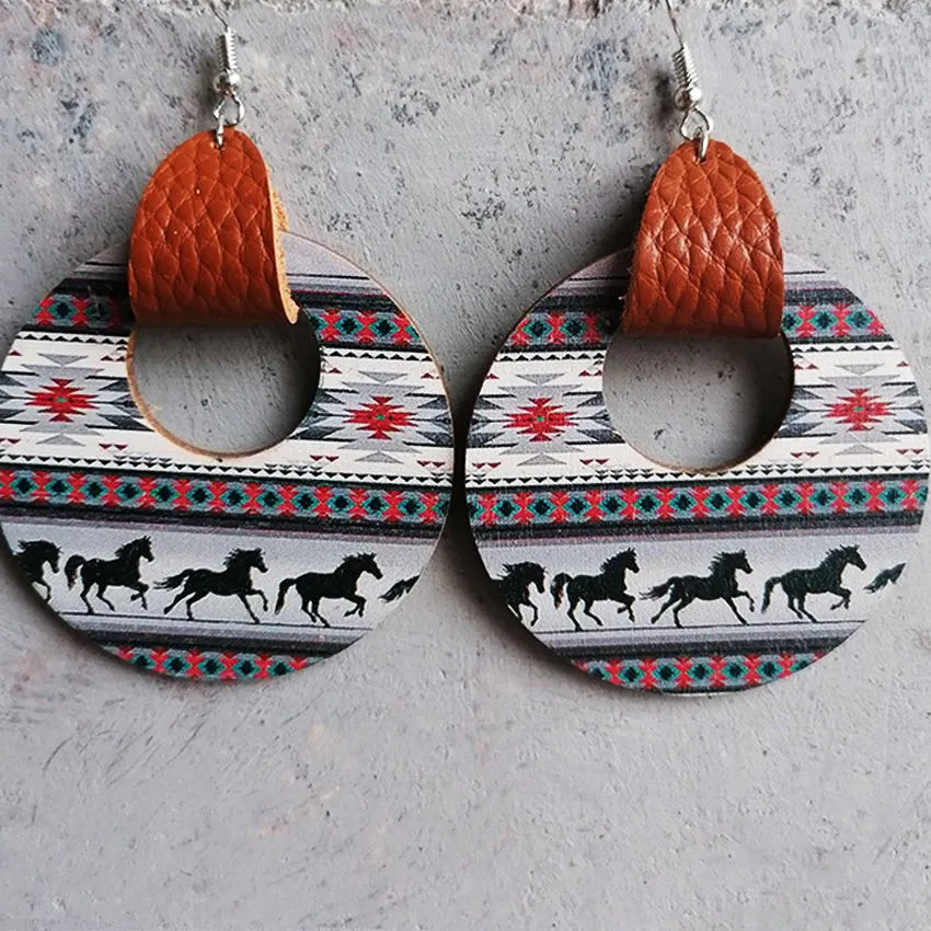 Genuine Leather Wrapped Western Style Wood Earrings