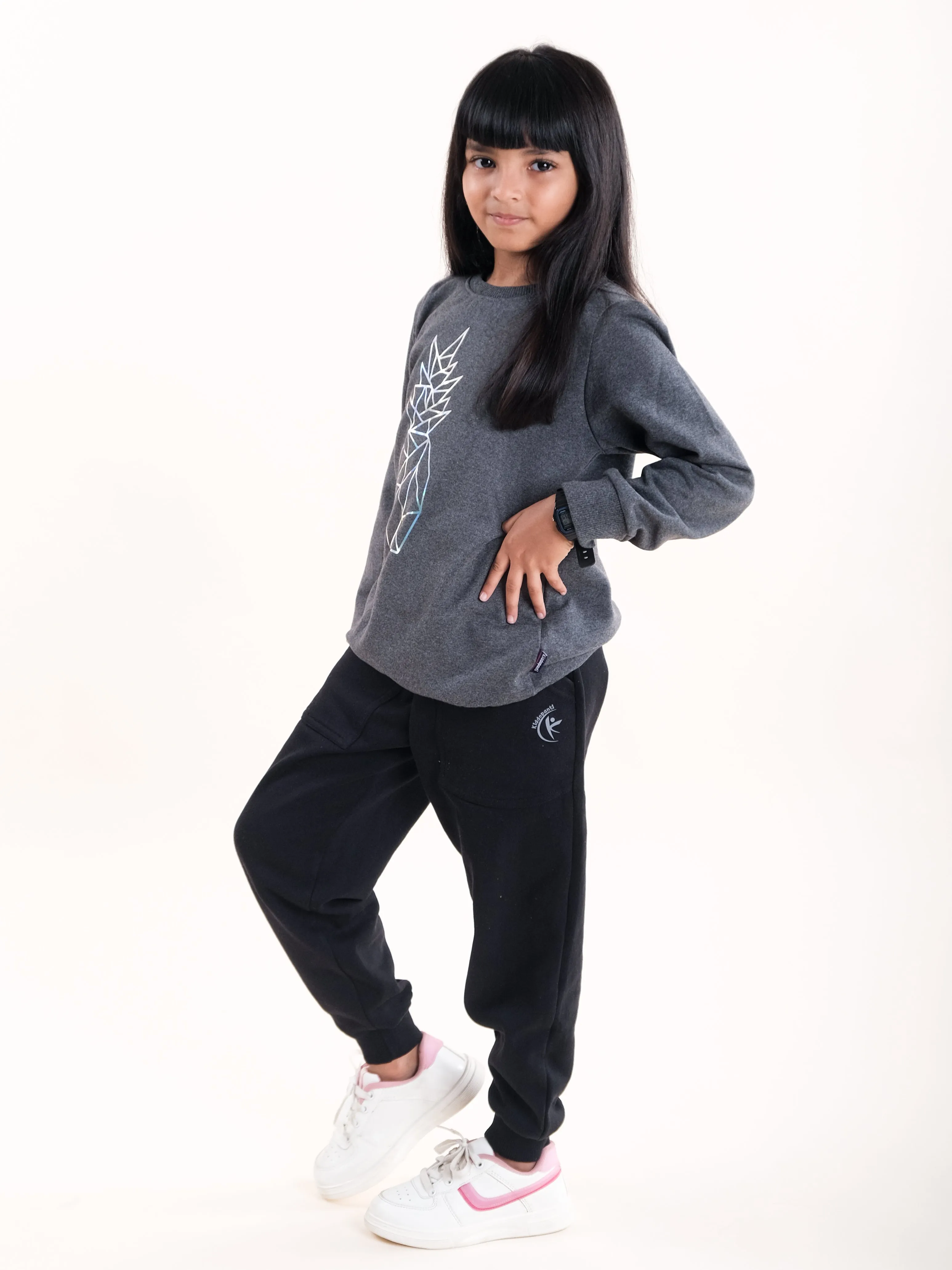 Girls Fleece Printed Round Neck Sweatshirt With Solid Track Pant Set