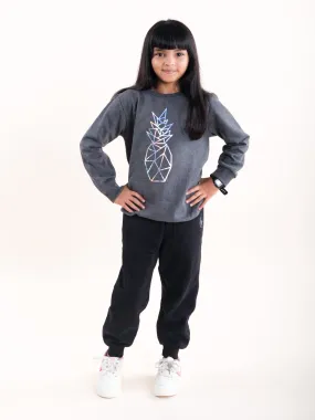 Girls Fleece Printed Round Neck Sweatshirt With Solid Track Pant Set