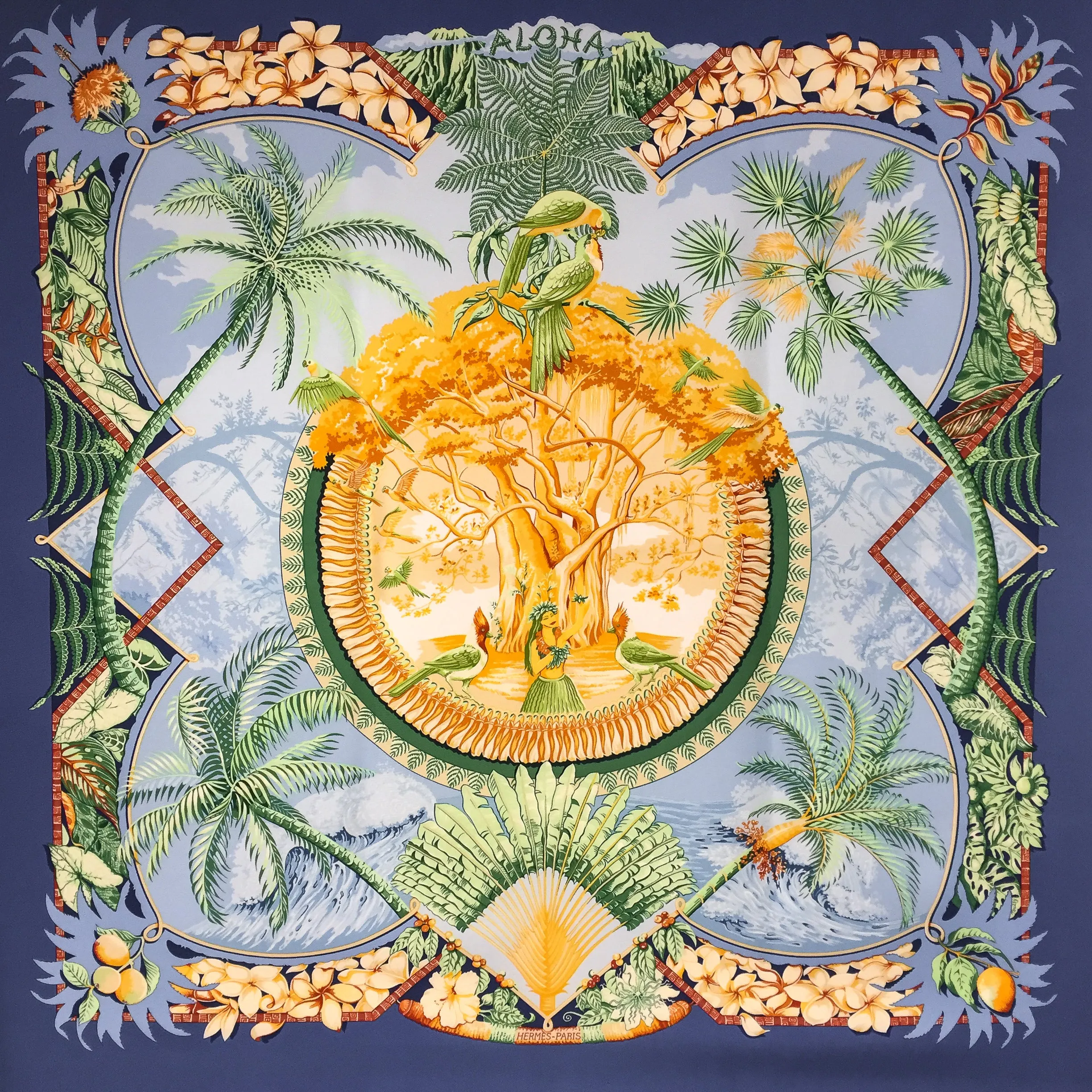 Hermes Silk Scarf Aloha 90 cm Twill Blue