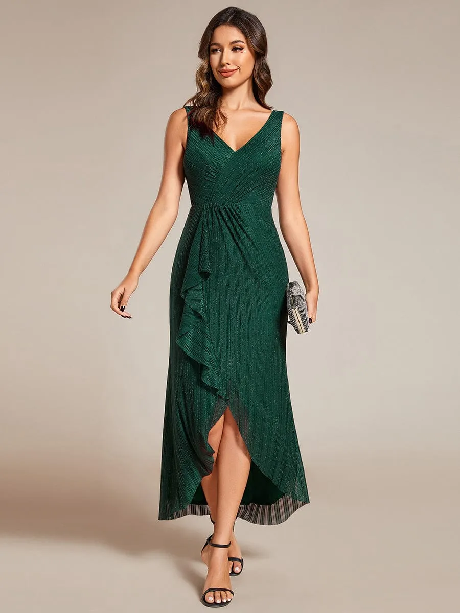 High-Low Ruffle Mermaid Wedding Guest Dress with V-Neck