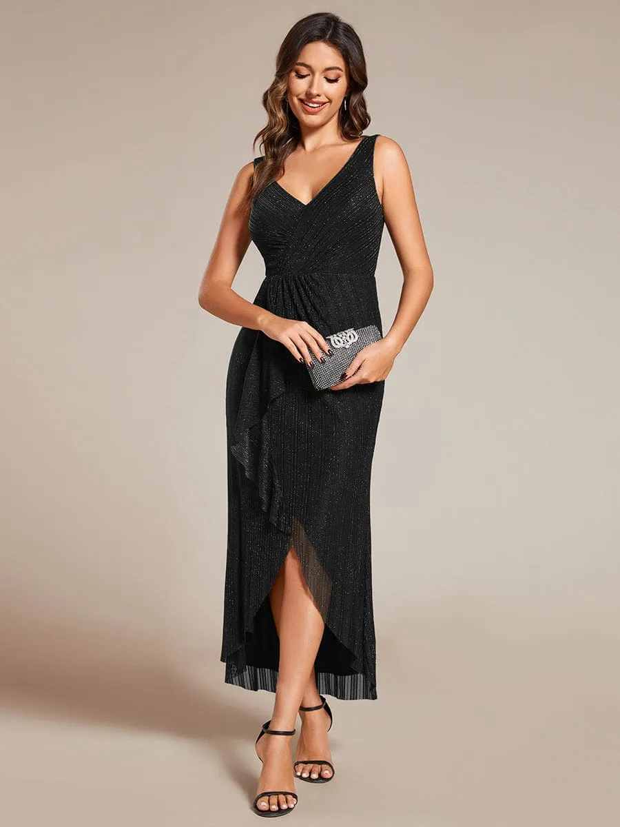 High-Low Ruffle Mermaid Wedding Guest Dress with V-Neck