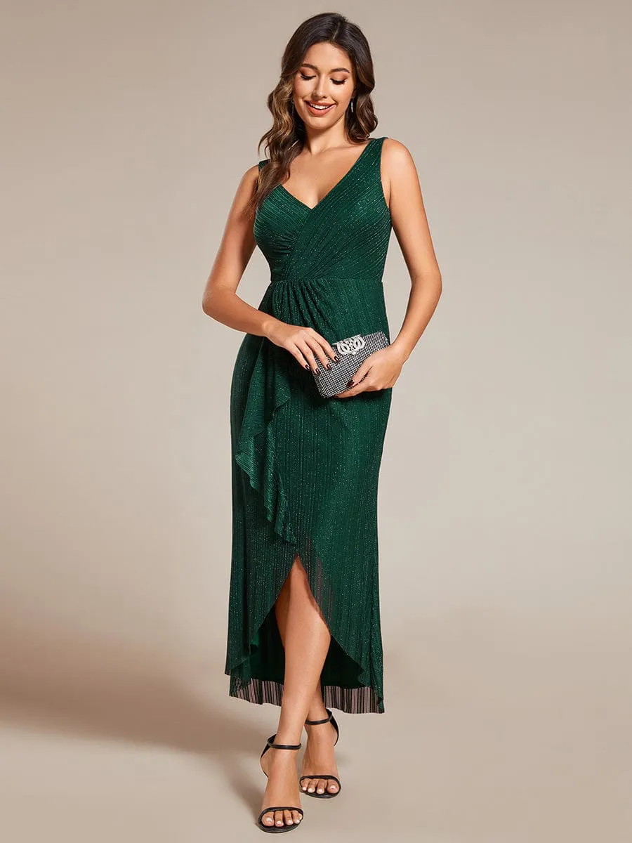 High-Low Ruffle Mermaid Wedding Guest Dress with V-Neck