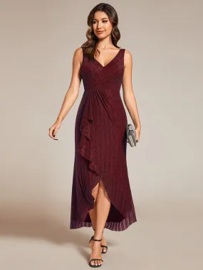 High-Low Ruffle Mermaid Wedding Guest Dress with V-Neck