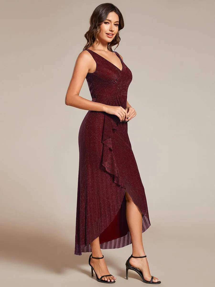 High-Low Ruffle Mermaid Wedding Guest Dress with V-Neck