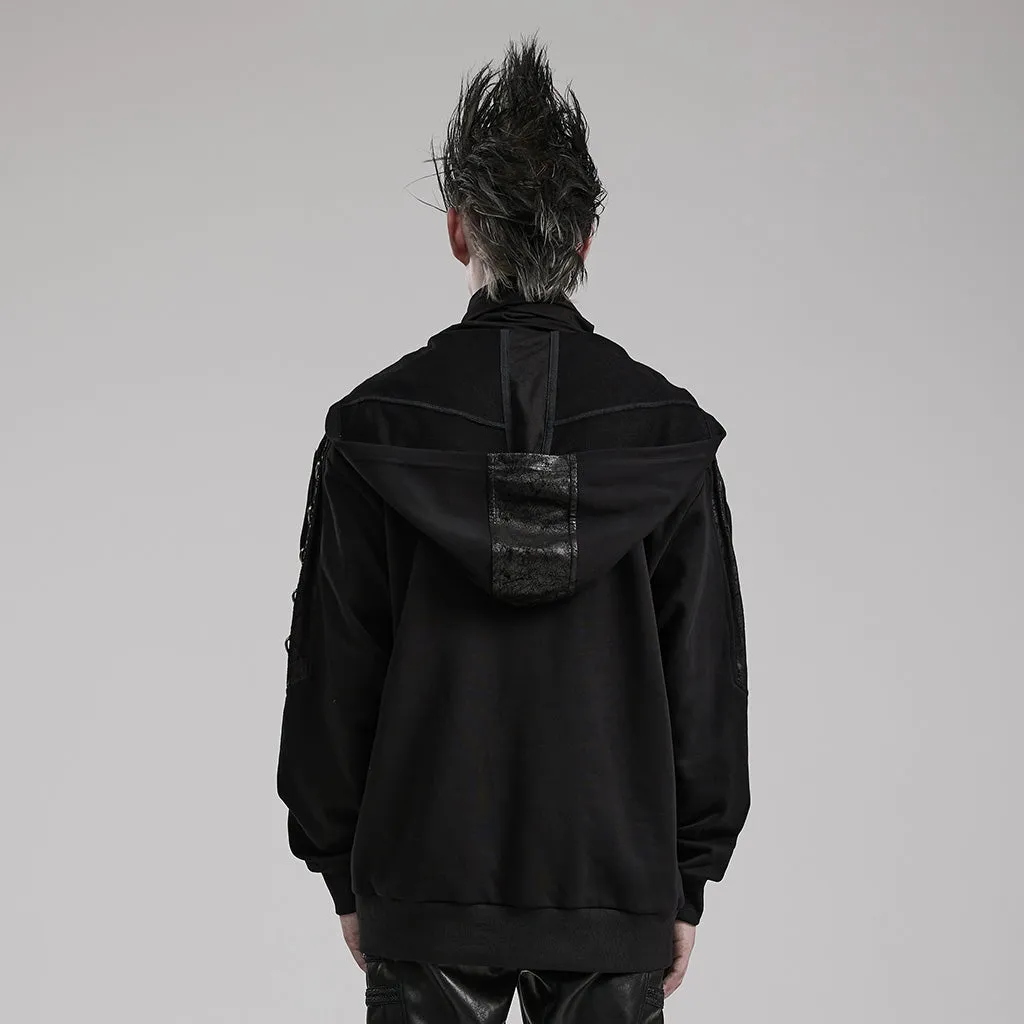 Hooded And Super High Extension Collar Buckle Arrayed Micro-Stretch Jersey And Crackled Faux Leather Fabric Punk Distinctive Loose Sweater