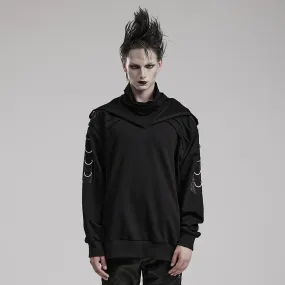 Hooded And Super High Extension Collar Buckle Arrayed Micro-Stretch Jersey And Crackled Faux Leather Fabric Punk Distinctive Loose Sweater