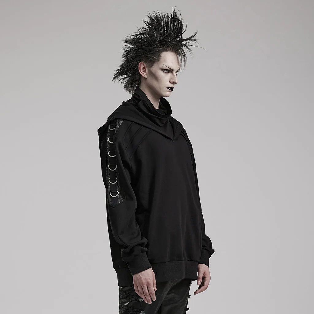 Hooded And Super High Extension Collar Buckle Arrayed Micro-Stretch Jersey And Crackled Faux Leather Fabric Punk Distinctive Loose Sweater