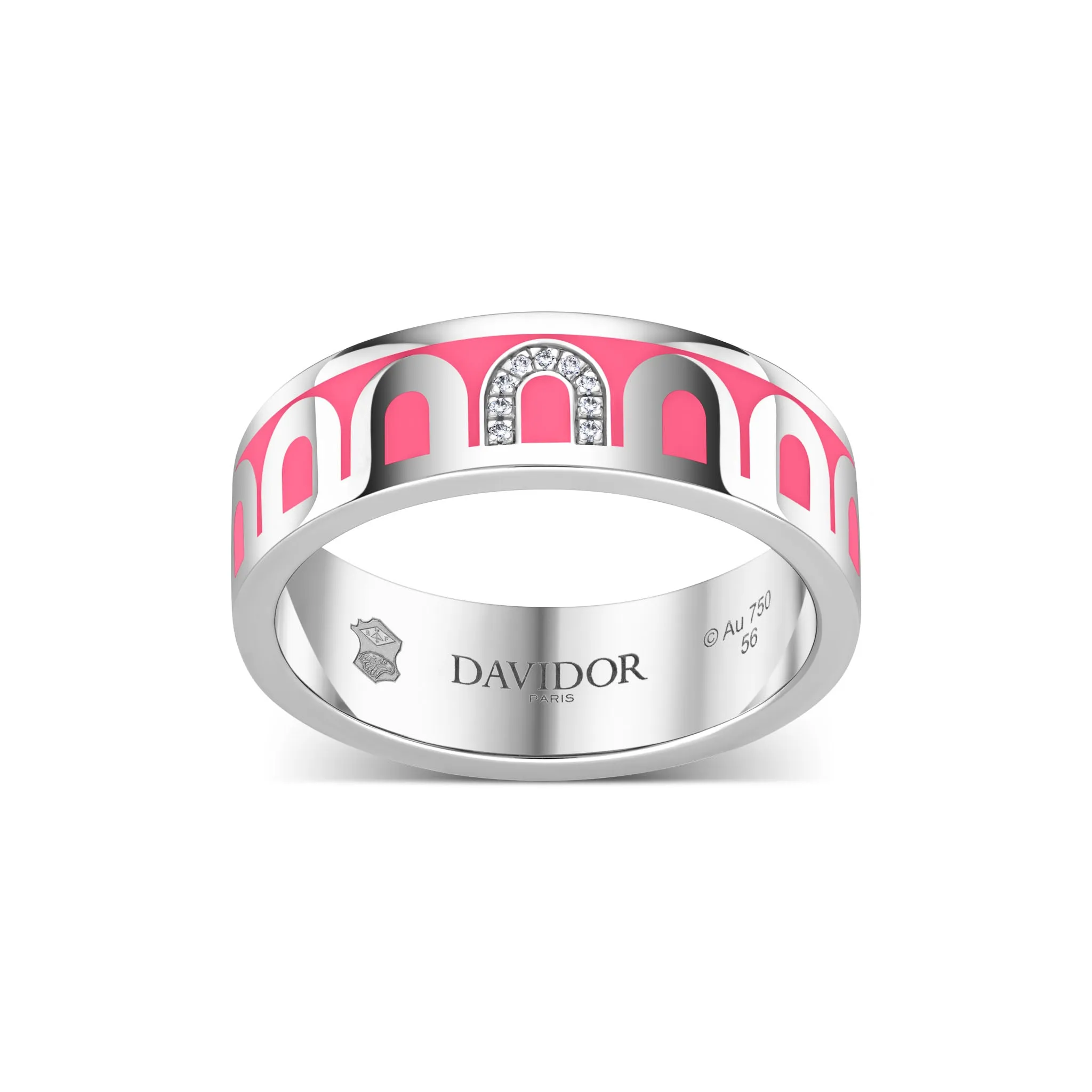 L’Arc de DAVIDOR Ring MM, 18k White Gold with May Rose Lacquered Ceramic and Porta Simple Diamonds