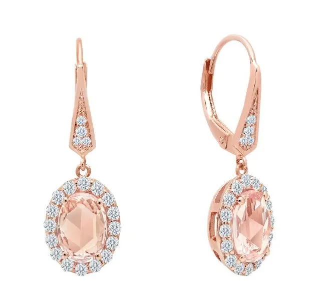 Leverback Simulated Morganite Oval Halo Earrings E0295MGR