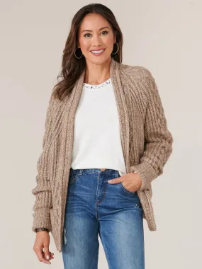 Long Cuffed Sleeve Open Front Cable Stitch Mix Sweater Cardigan