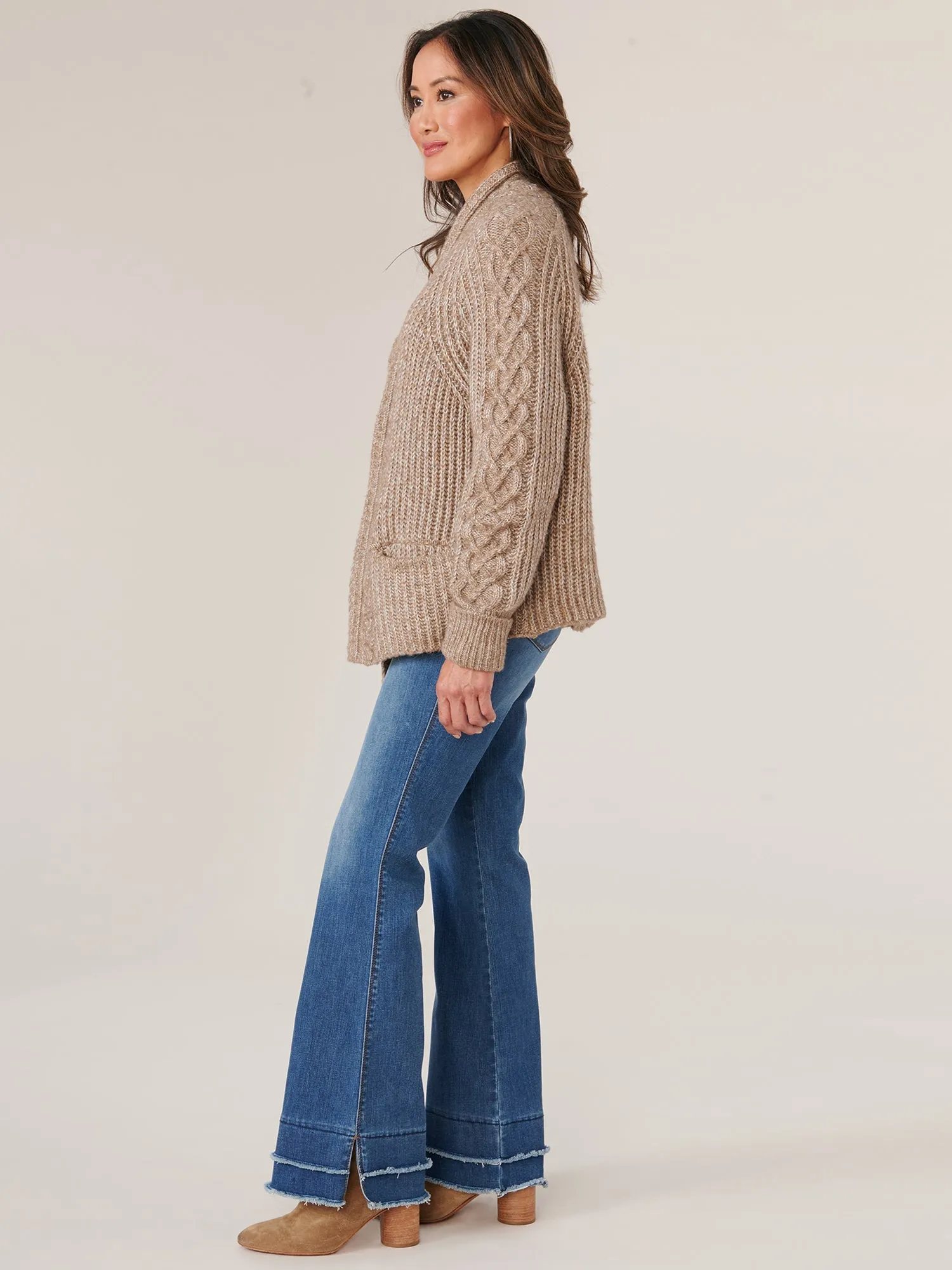 Long Cuffed Sleeve Open Front Cable Stitch Mix Sweater Cardigan