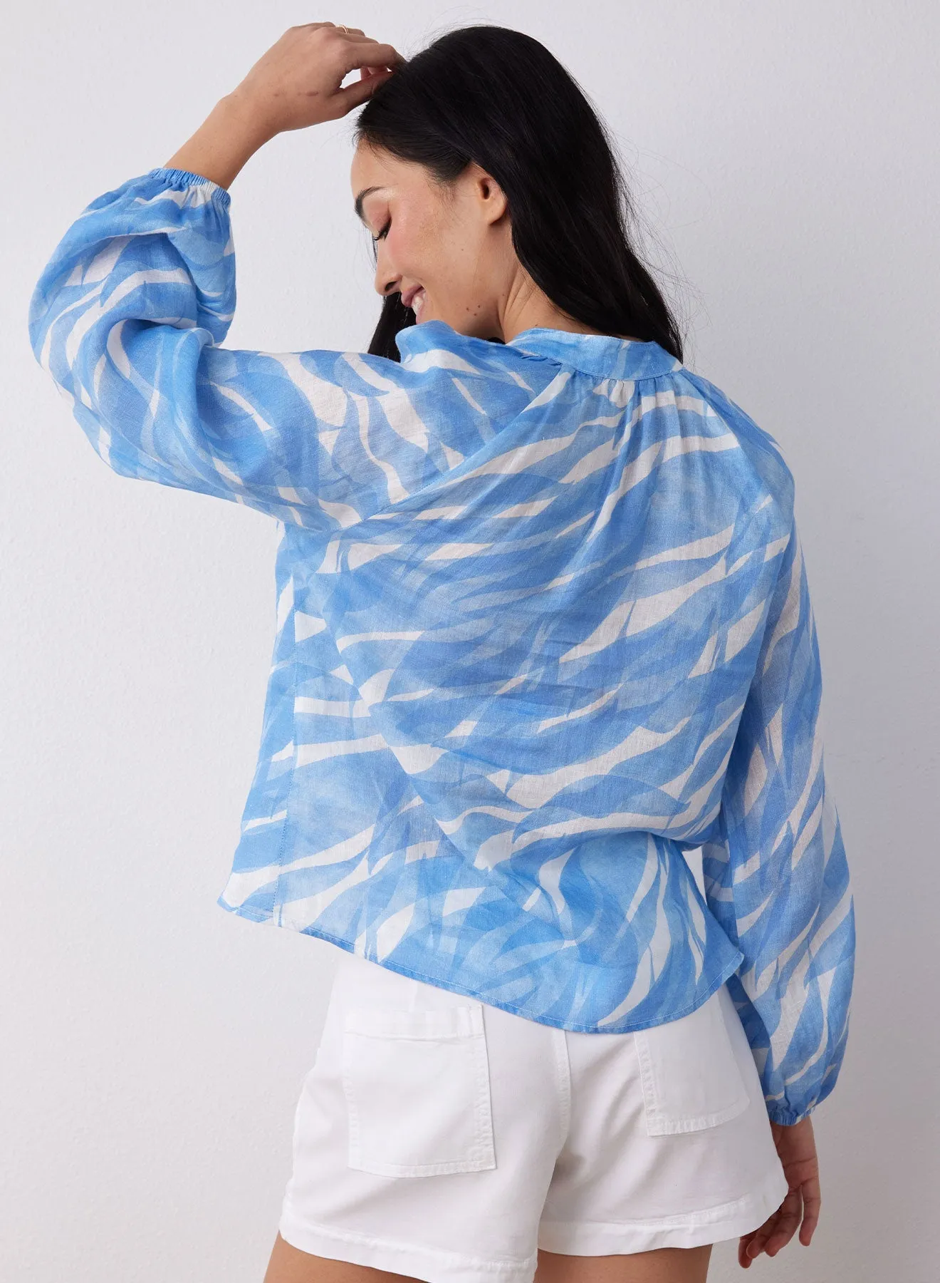 Long Sleeve Linen Shirred Raglan Shirt - Laguna Waves Print