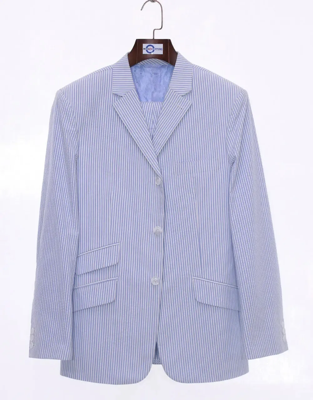 Men Seersucker Suit Tailored 3 Button Mod Suit