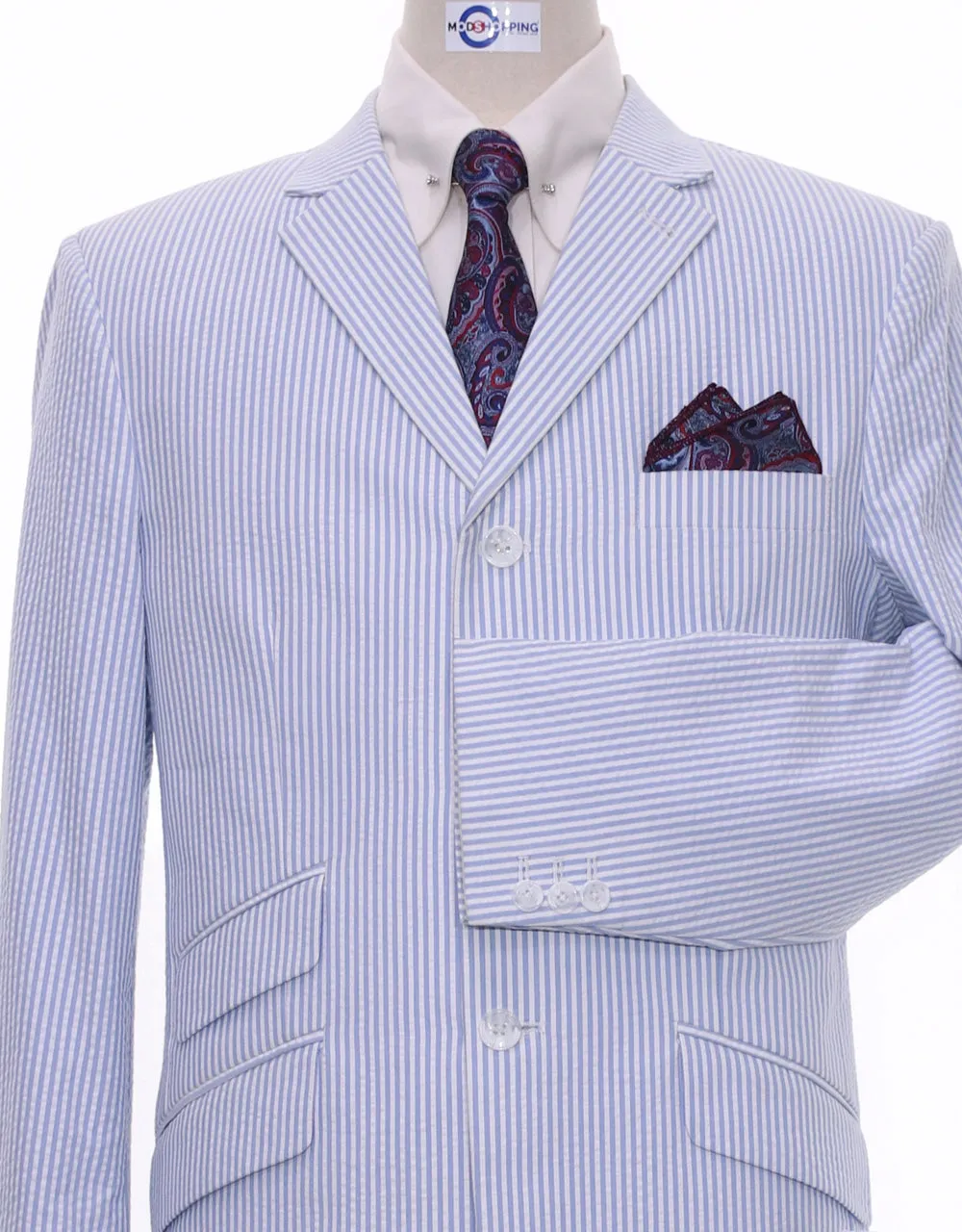 Men Seersucker Suit Tailored 3 Button Mod Suit