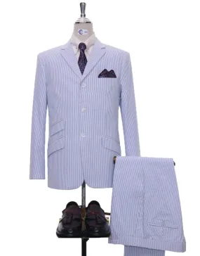 Men Seersucker Suit Tailored 3 Button Mod Suit