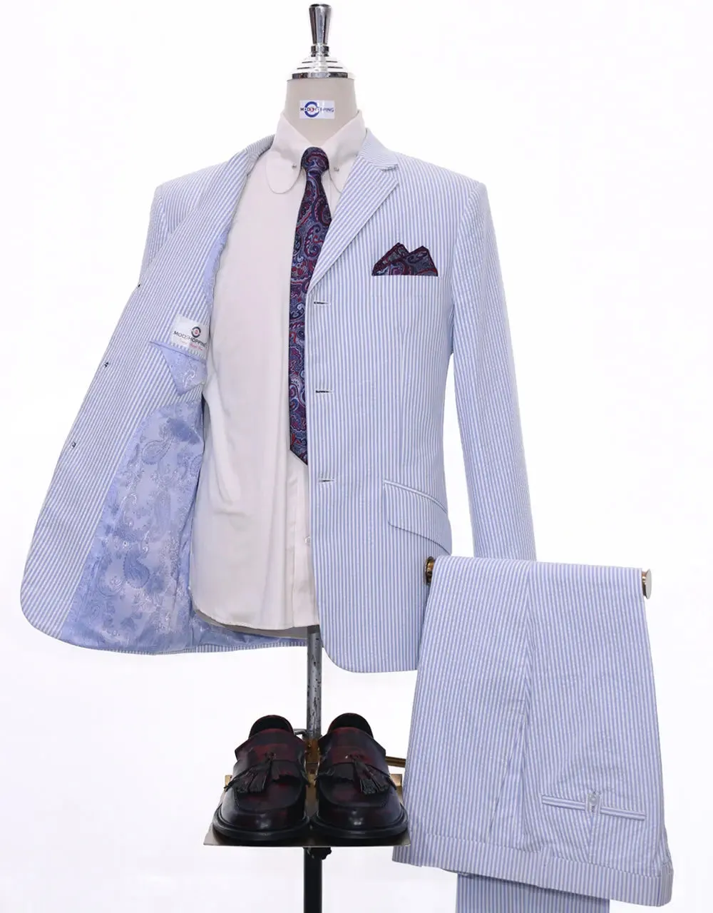 Men Seersucker Suit Tailored 3 Button Mod Suit