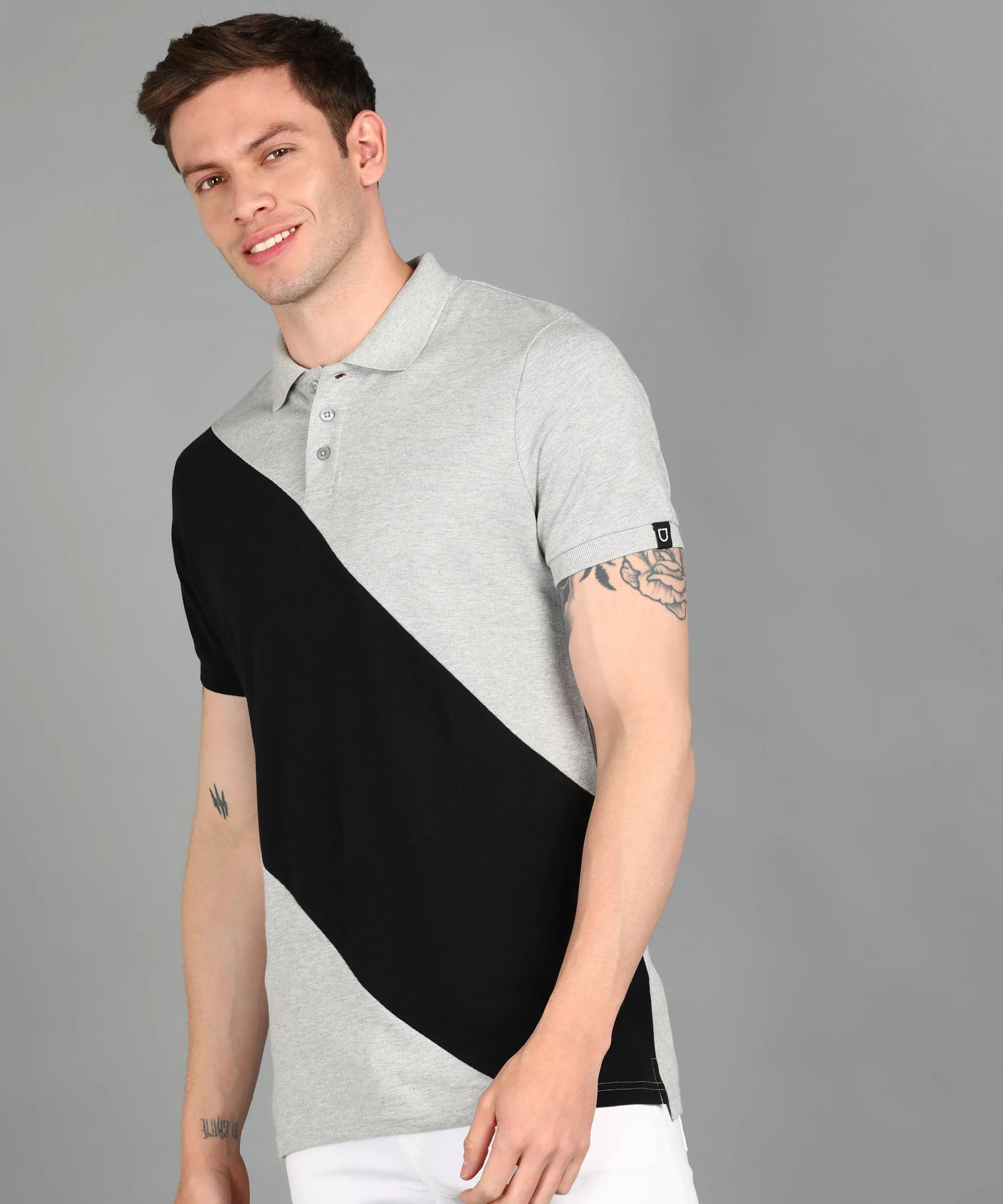 Men's Grey Melange, Black Colour-Block Slim Fit Half Sleeve Cotton Polo T-Shirt