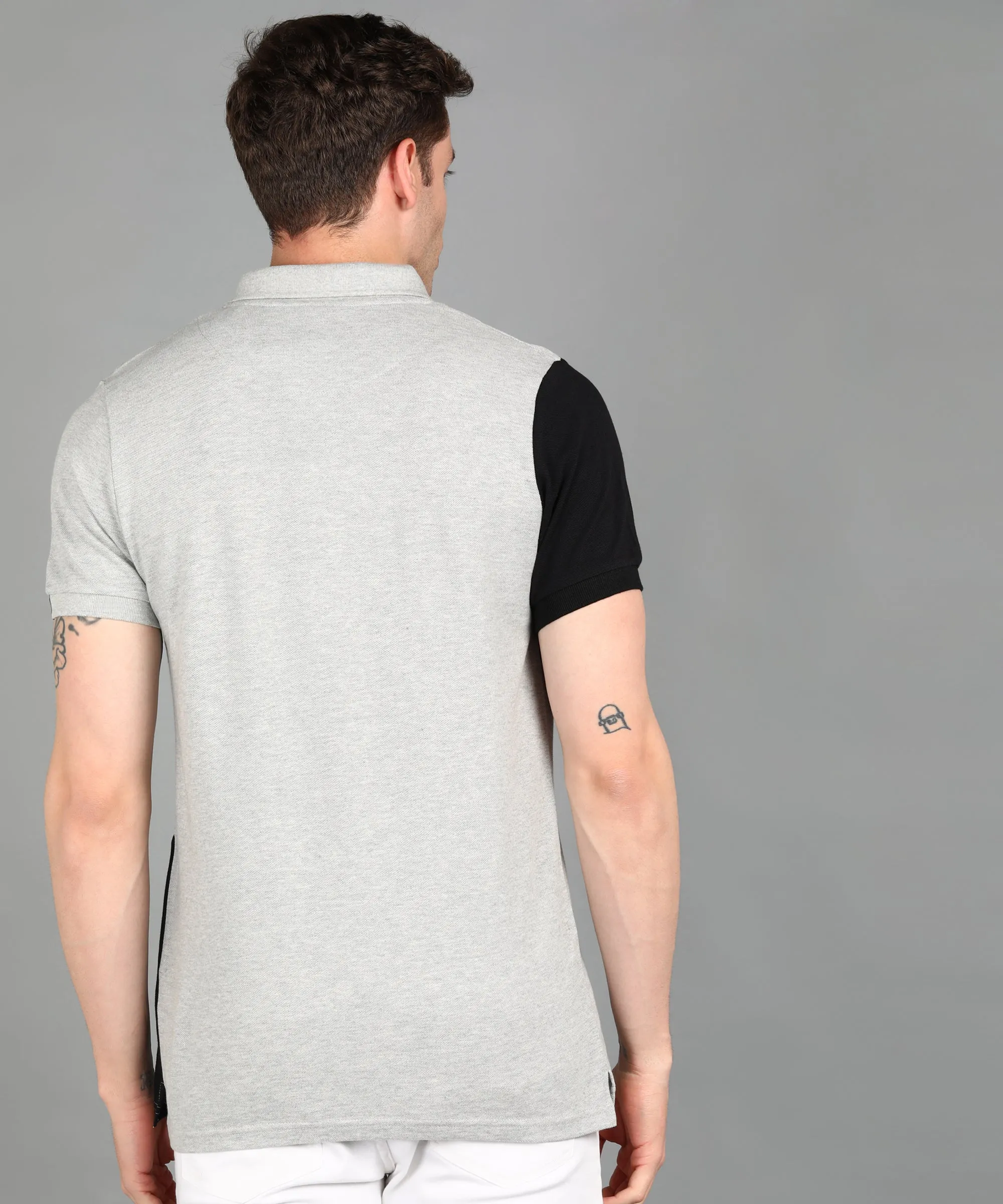 Men's Grey Melange, Black Colour-Block Slim Fit Half Sleeve Cotton Polo T-Shirt