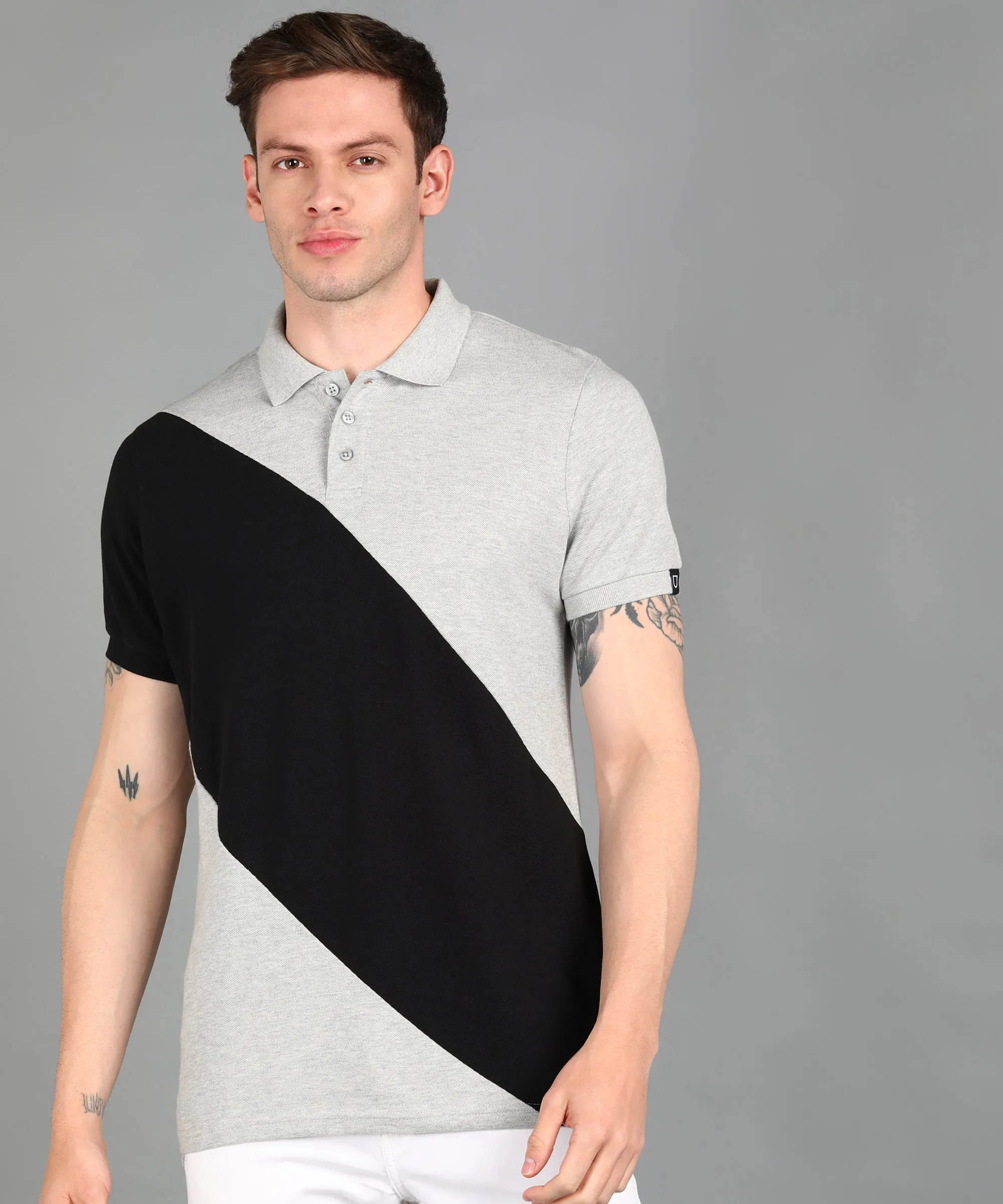 Men's Grey Melange, Black Colour-Block Slim Fit Half Sleeve Cotton Polo T-Shirt