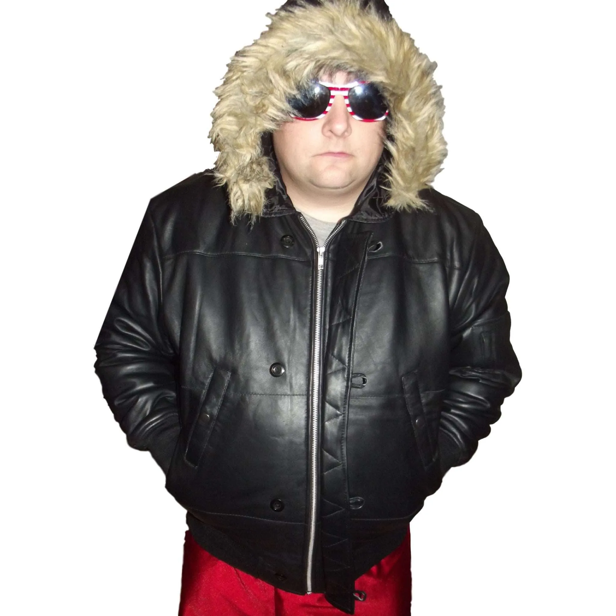 Mens Leather Jacket Black Hooded Puffy Puffer Fur Trim on hood S CLEARANCE SALE