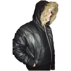 Mens Leather Jacket Black Hooded Puffy Puffer Fur Trim on hood S CLEARANCE SALE