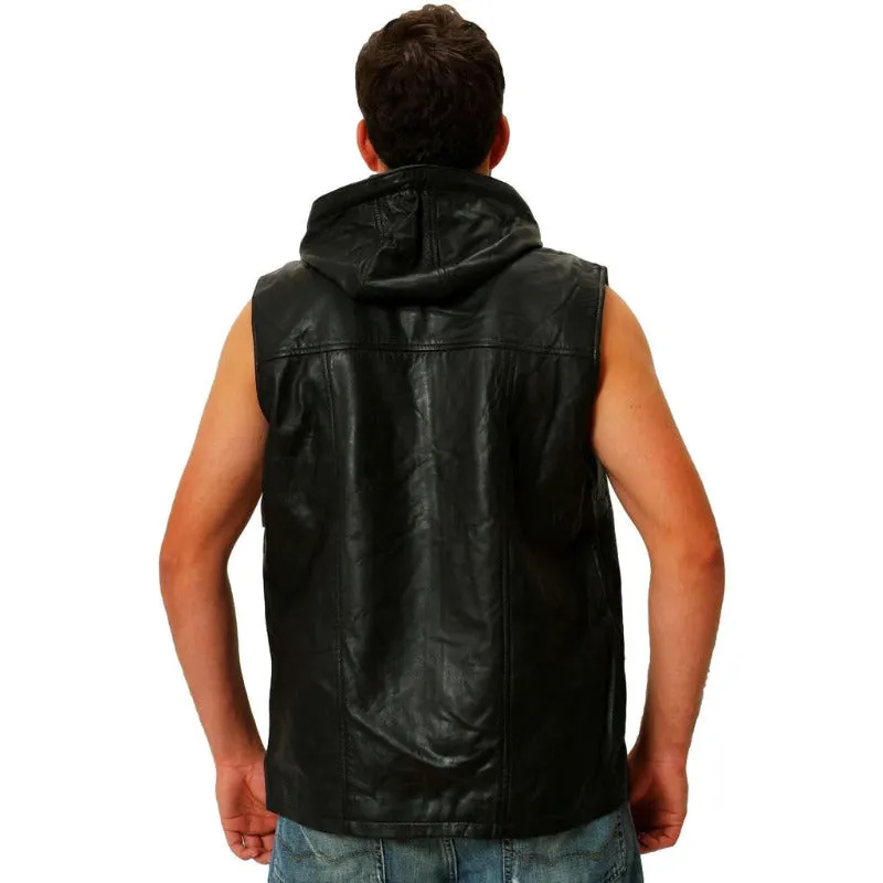 Mens Leather Vest With Hood CLEARANCE SALE