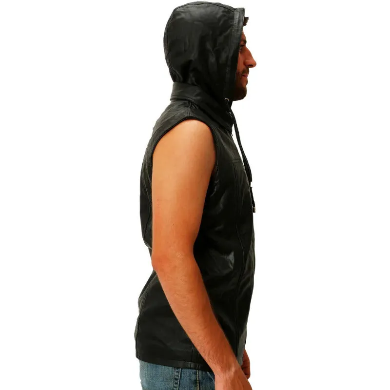 Mens Leather Vest With Hood CLEARANCE SALE