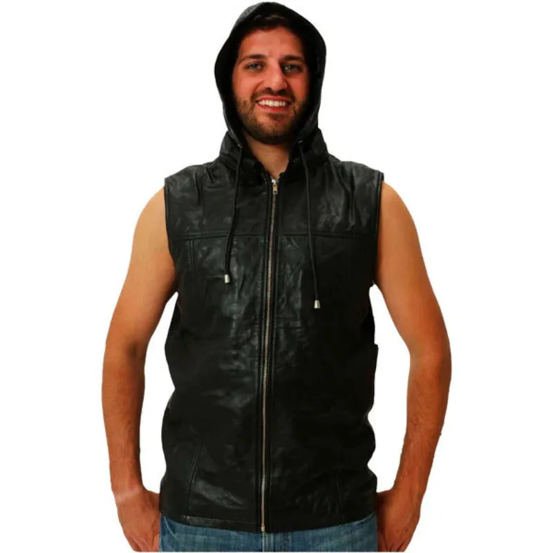 Mens Leather Vest With Hood CLEARANCE SALE