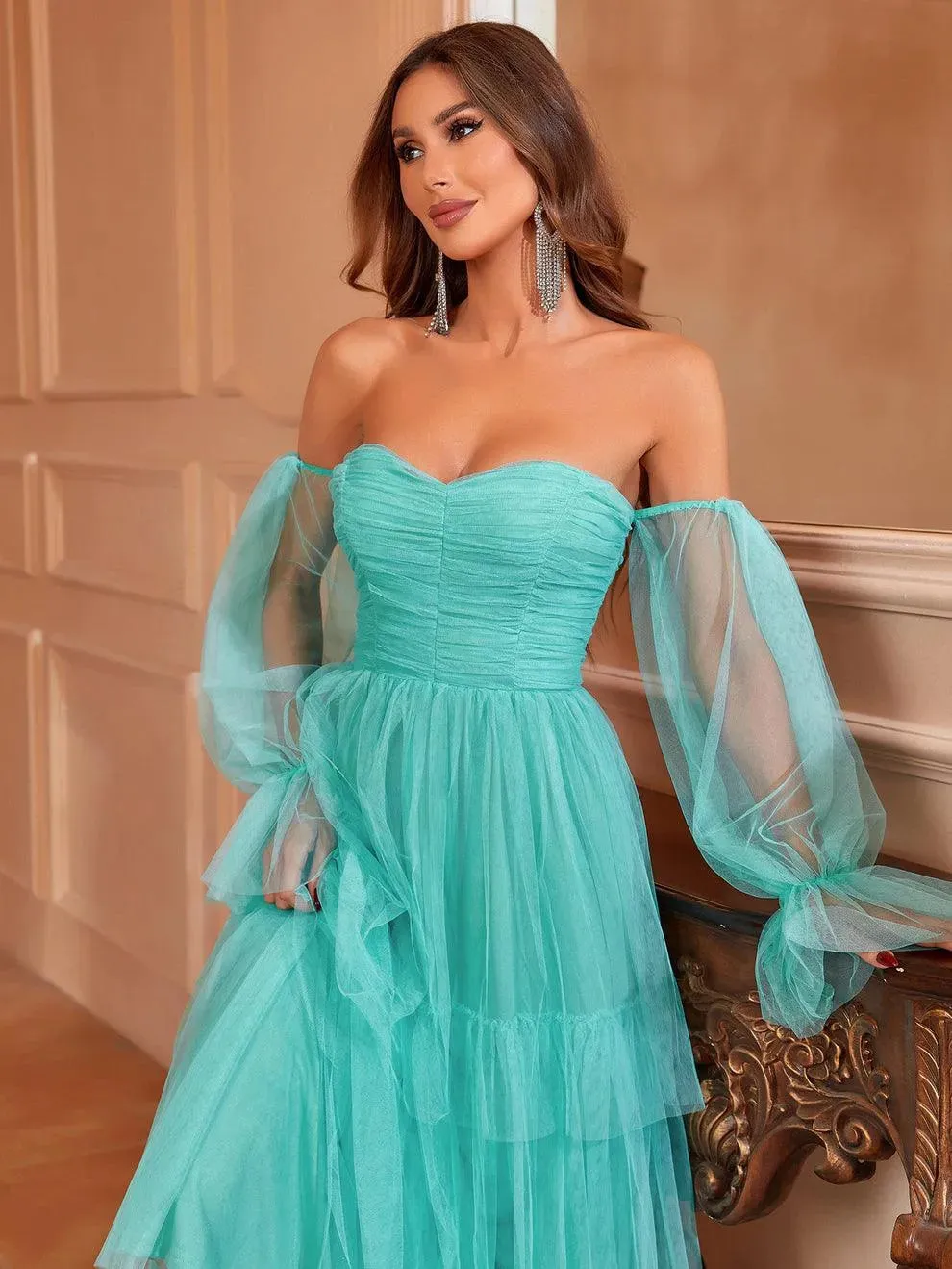 Off Shoulder Lantern Sleeves Mesh Layered Dress