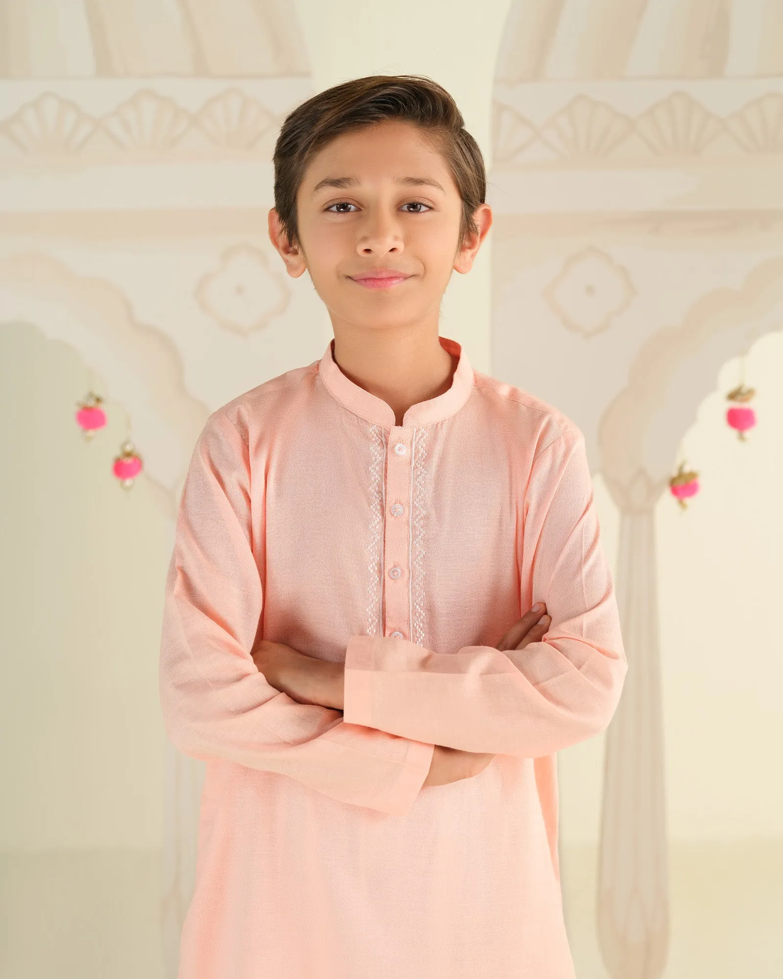 Peach Embroidered Neckline Kurta