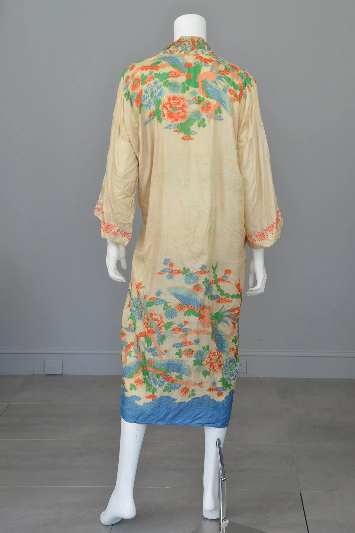 RESERVED 1920s Pongee Silk Kimono Robe Birds