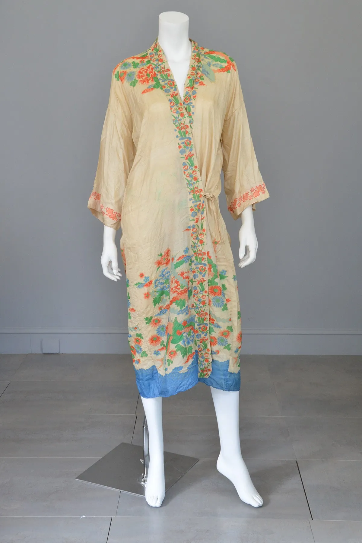 RESERVED 1920s Pongee Silk Kimono Robe Birds