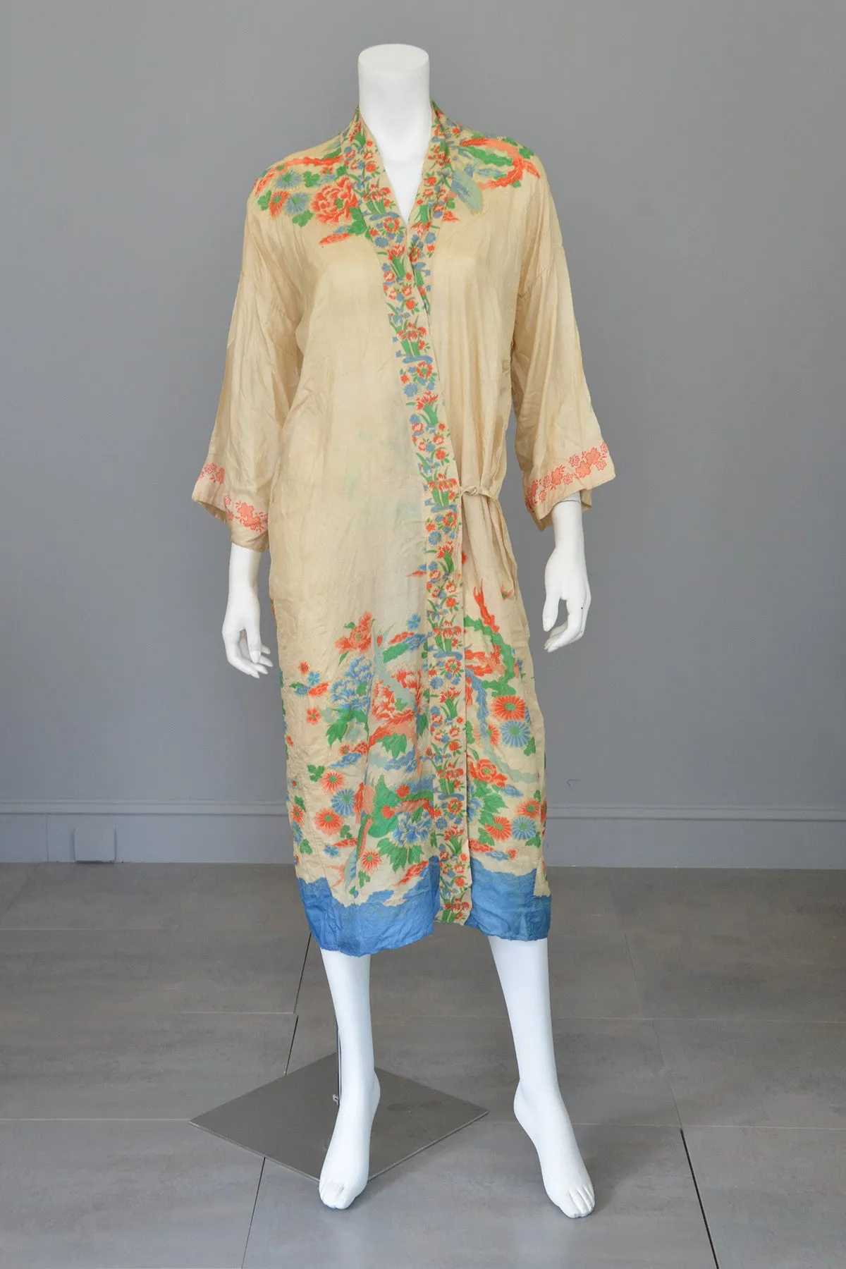 RESERVED 1920s Pongee Silk Kimono Robe Birds