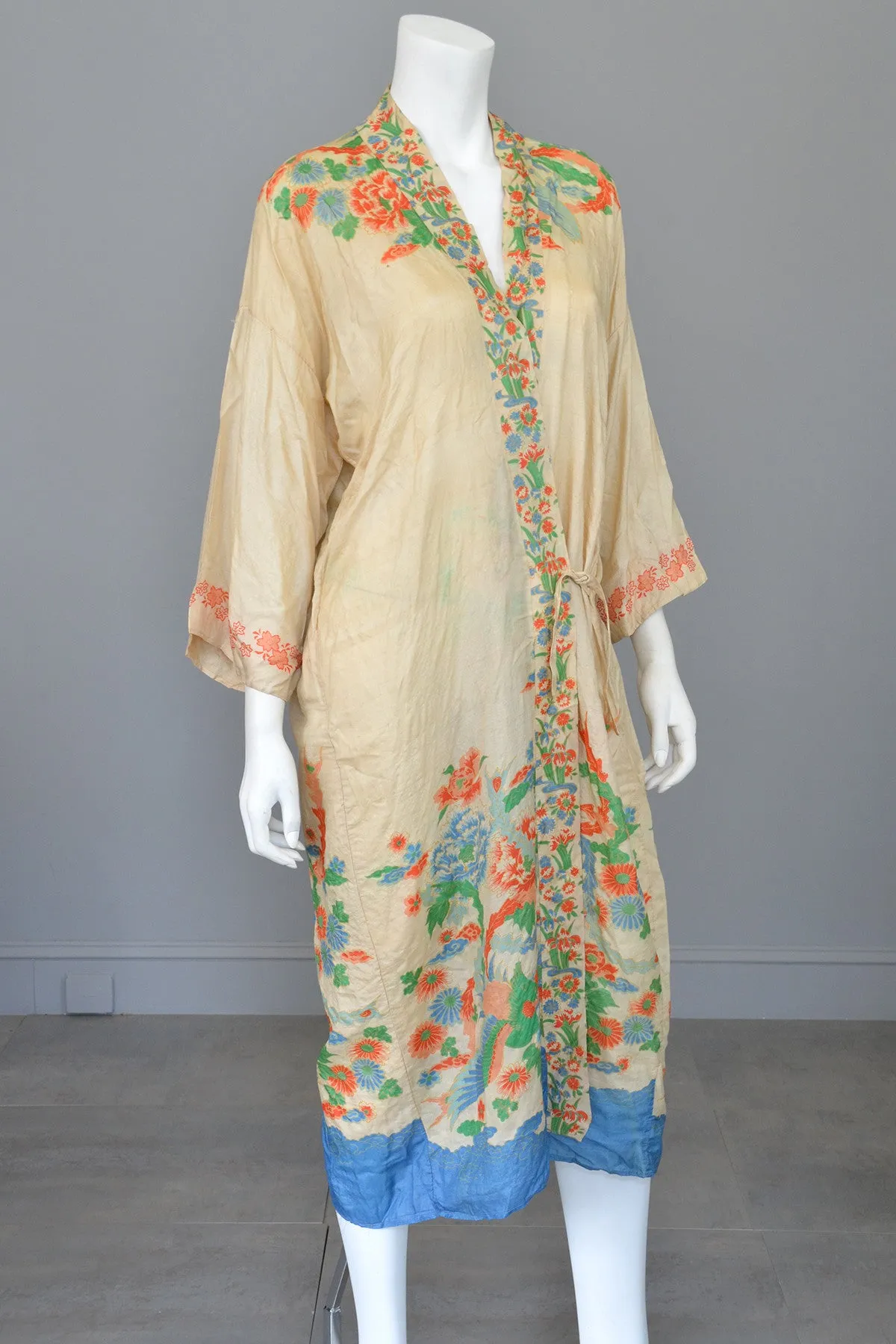 RESERVED 1920s Pongee Silk Kimono Robe Birds