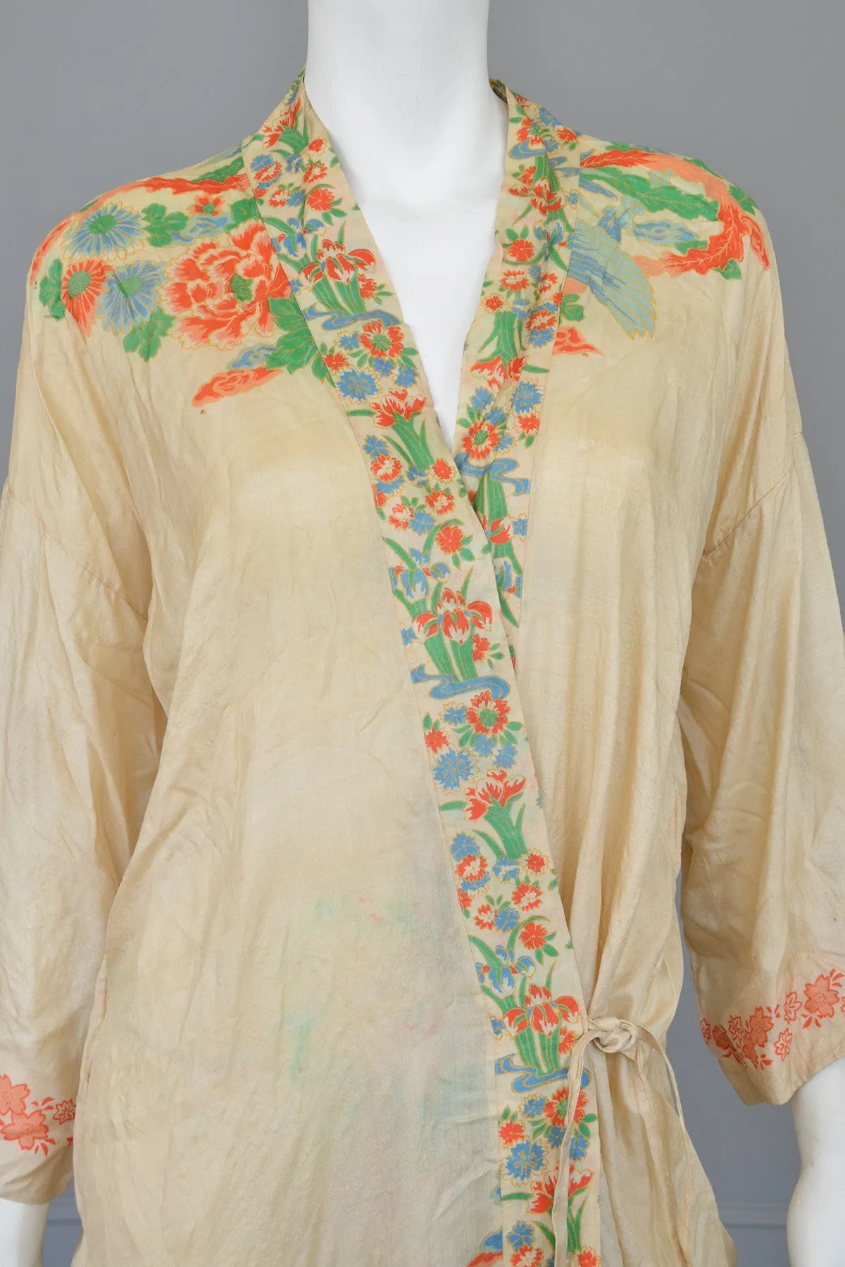 RESERVED 1920s Pongee Silk Kimono Robe Birds