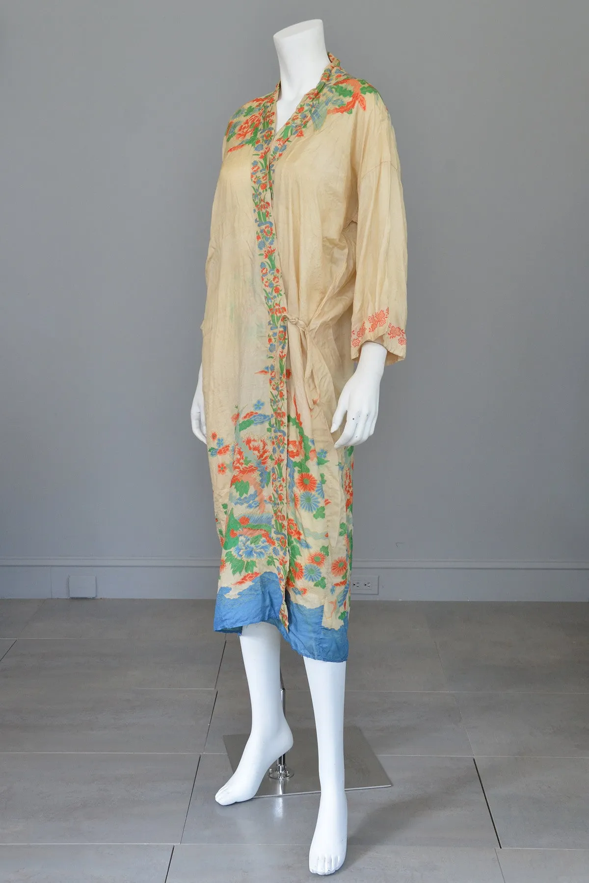 RESERVED 1920s Pongee Silk Kimono Robe Birds