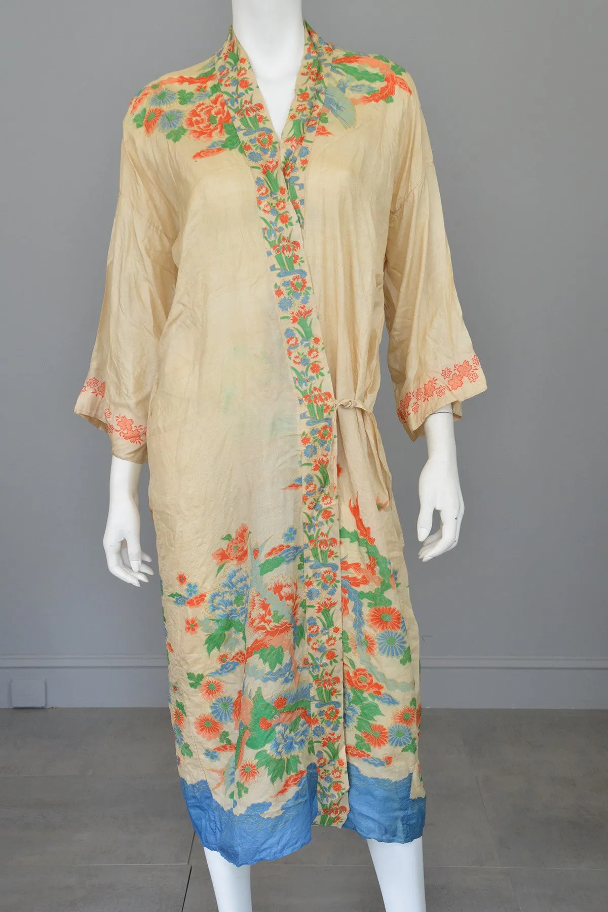 RESERVED 1920s Pongee Silk Kimono Robe Birds