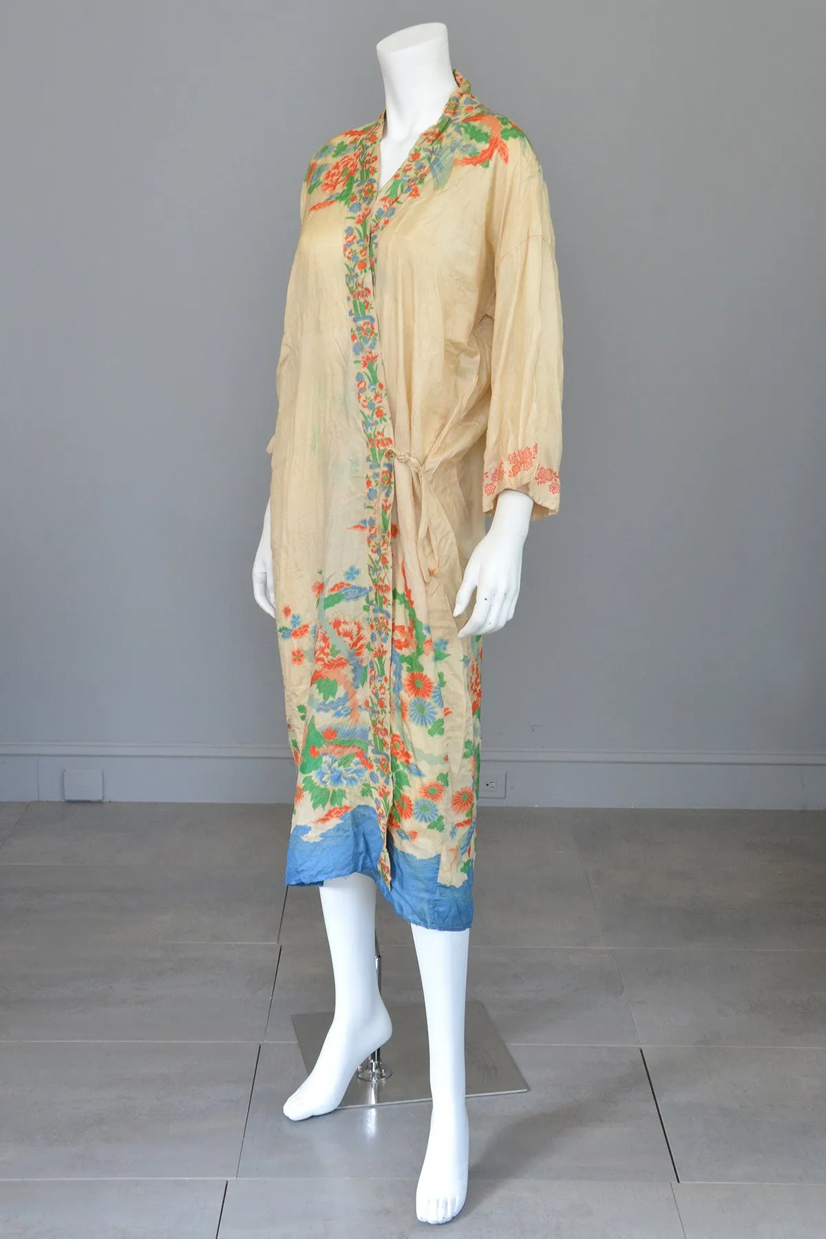 RESERVED 1920s Pongee Silk Kimono Robe Birds