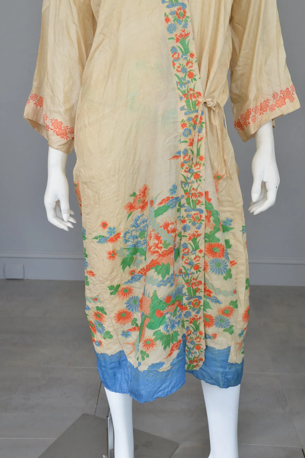 RESERVED 1920s Pongee Silk Kimono Robe Birds