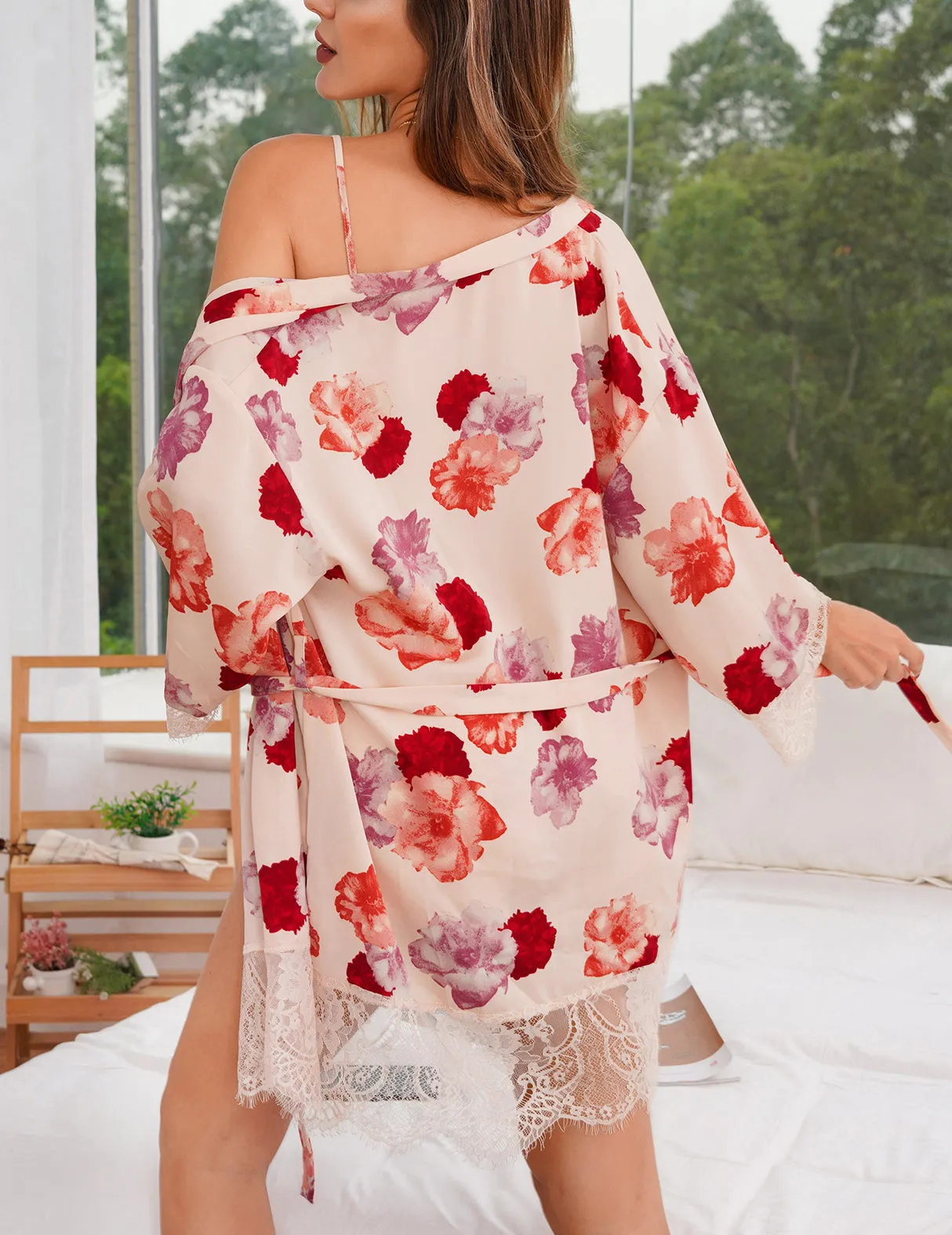 Richie House Women Floral Cami Sexy Robe Set 3P PJ Nightwear Sexy Lace Lingerie RHW2913