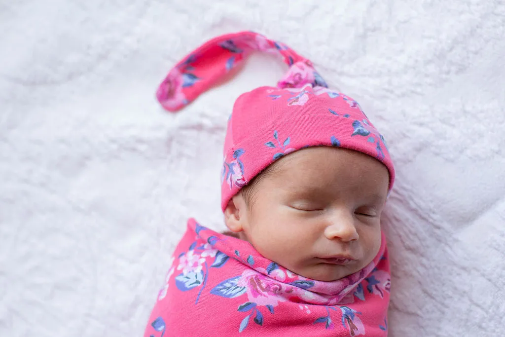 Rose Baby Girl Swaddle Blanket and Newborn Hat Set