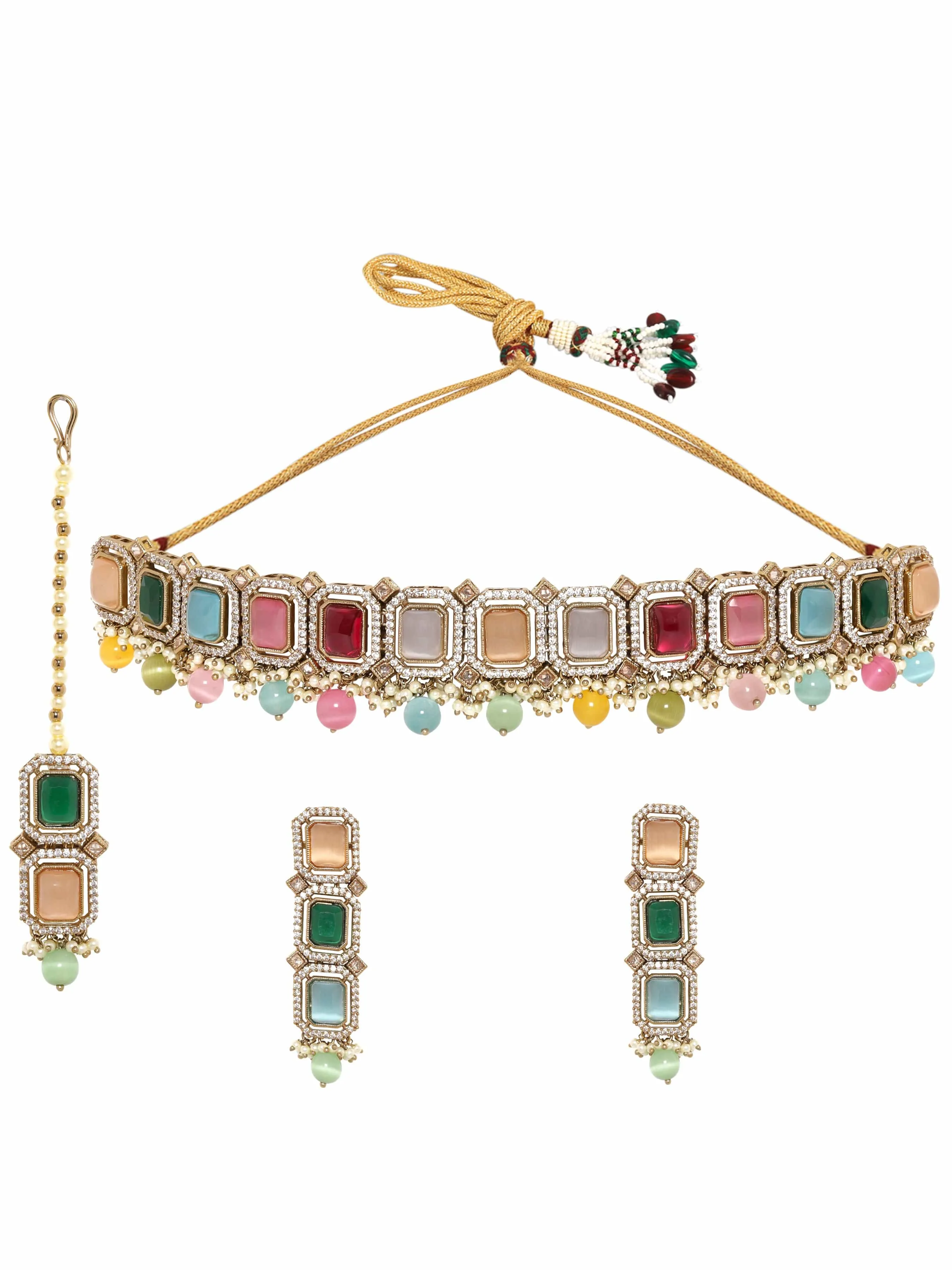 Rubans 22K Mehndi Gold Plated Multicolor & Reverse AD Studded Choker Set