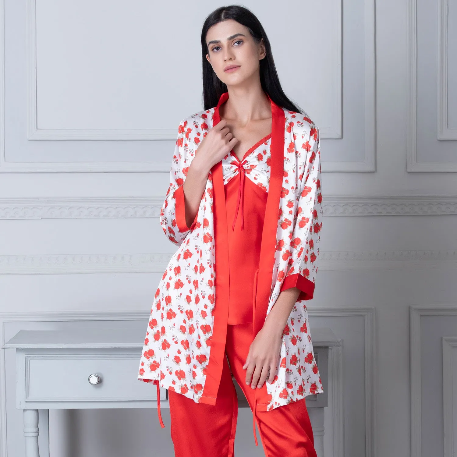 Satin Night suit with floral Robe Red & White