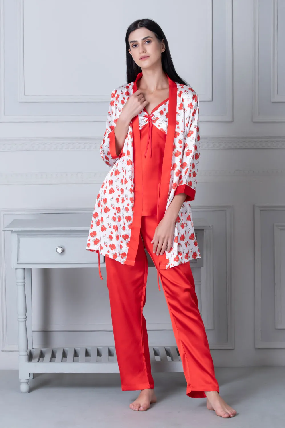 Satin Night suit with floral Robe Red & White