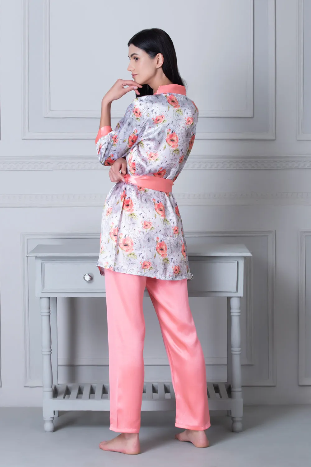 Satin Night suit with Floral Robe