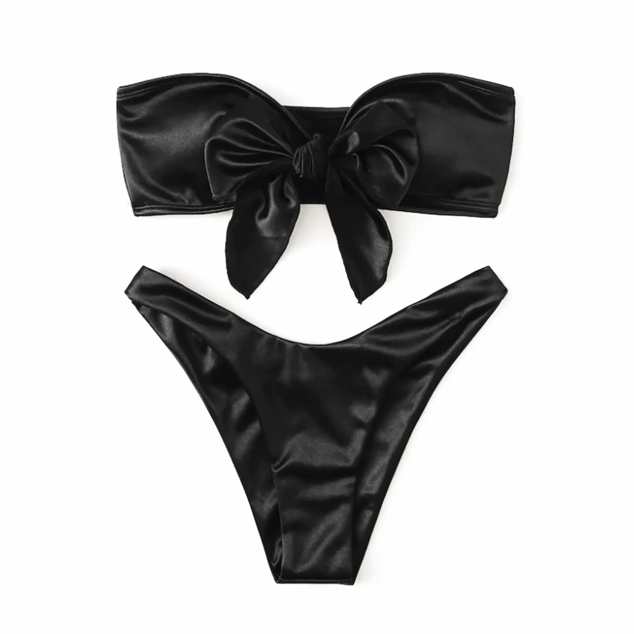 SATIN SILK BLACK // TIE UP BANDEAU BIKINI SET