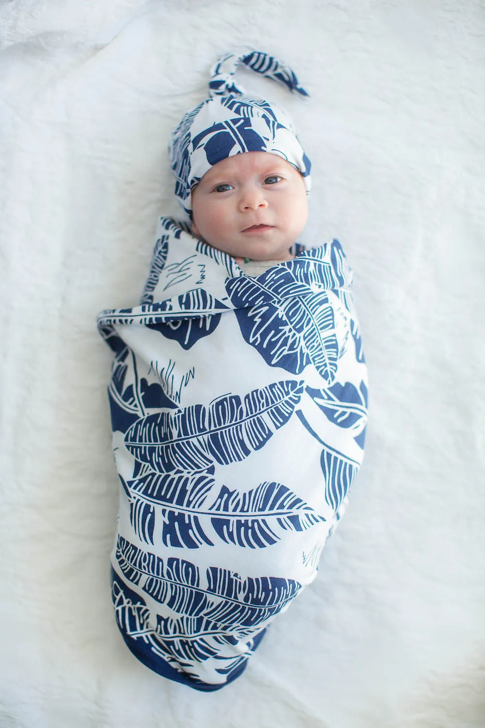 Serra Navy Blue & White Swaddle Blanket & Newborn Hat Set