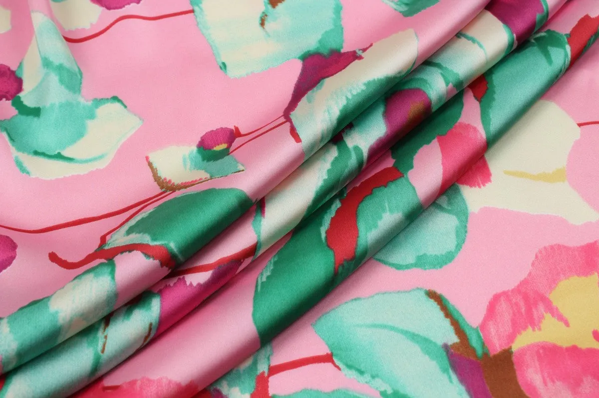 Shiny Satin - Pink - Flowers Print