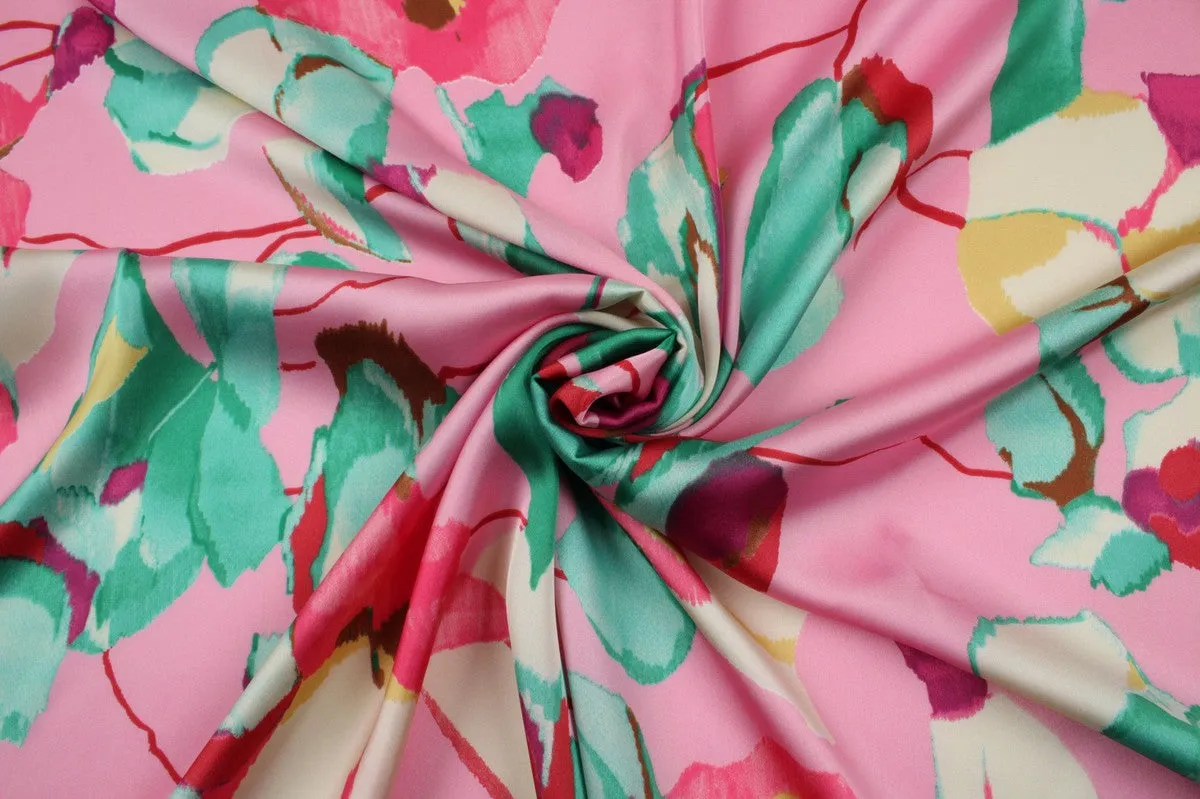 Shiny Satin - Pink - Flowers Print